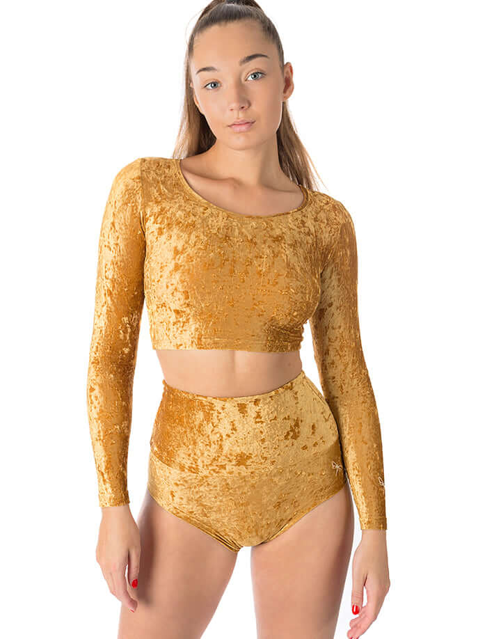 Velvet crop top Pavi | Crop Top | Color: gold velvet | Gymnastics crop top | Long Sleeve | Dragonfly Clothing and Yoga Wear