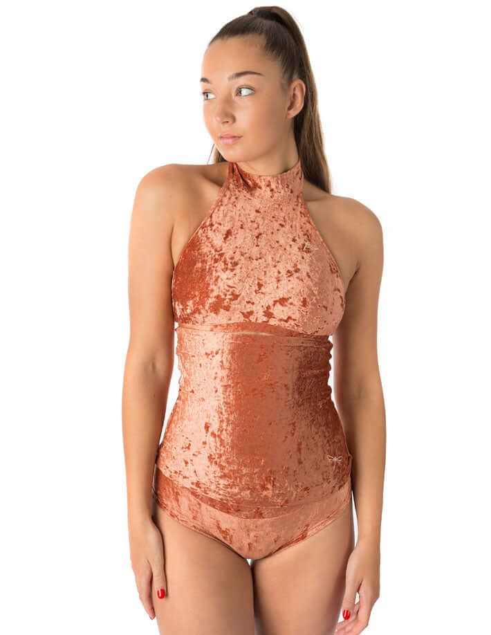 Velvet back warmer for dancers | Back warmer | Color: bronze velvet | Dragonfly Pole Dance Clothing and Bikram Hot Yoga Wear