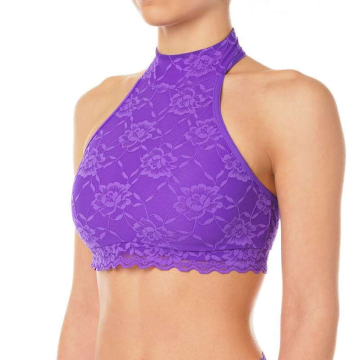 Halter neck sports bra with lace - Lisette | Sports bra | Color: violet lace | Women's sports bra | Dragonfly Pole Dance Clothes and Bikram Hot Yoga Outfit