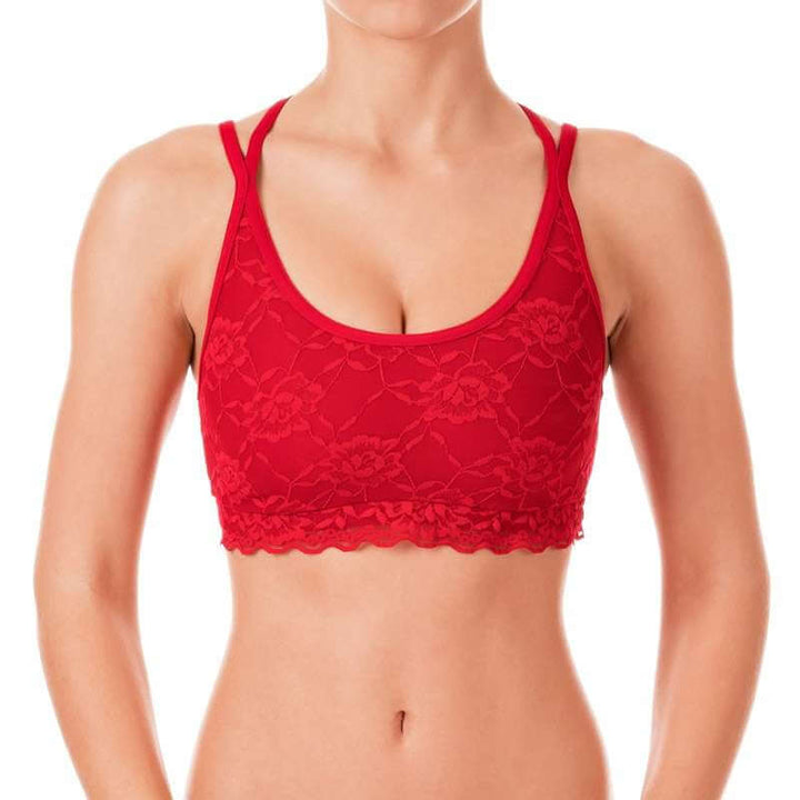 Sport-BH mit Spitze in Rot mit kunstvollen Riemen und Spitzenverzierungen für Komfort und Stil.