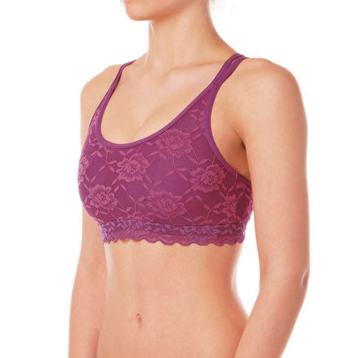 Sport-BH mit Spitze in lila mit kunstvollen Riemen und italienischer Spitze, ideal für Pole Dance.