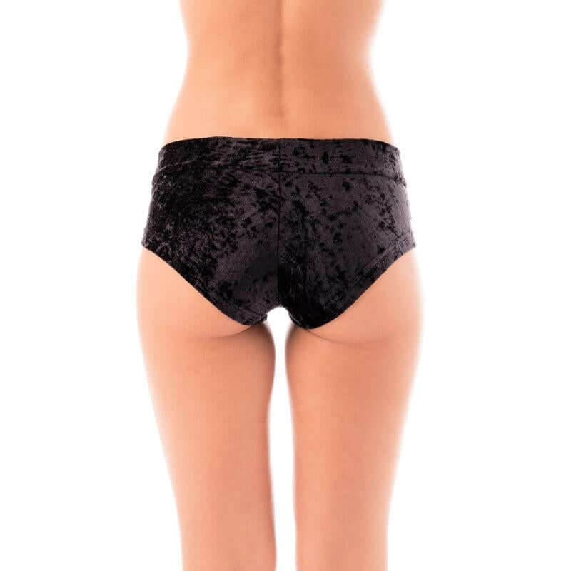 Back view of black Velvet booty shorts designed for pole dancers for a secure fit and confident performance.
