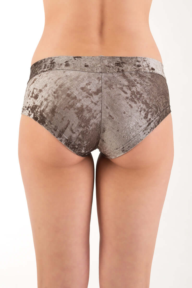 Back view of Velvet booty shorts showcasing soft fabric design, ideal for pole dancing and yoga.