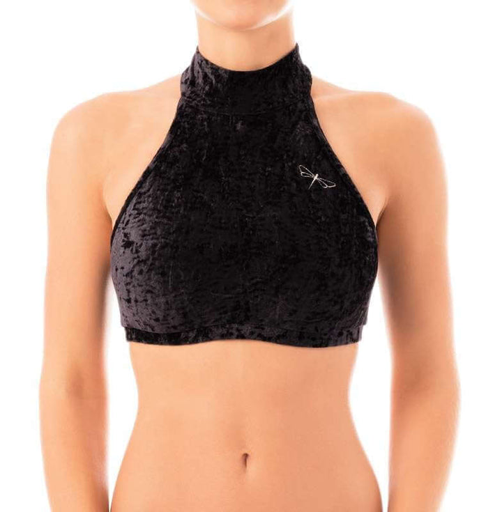 Velvet halter top Lisette | Velvet halter top sports bra | Color: purple velvet | Women's sports bra | Dragonfly Pole Dance Clothes and Bikram Hot Yoga Outfit