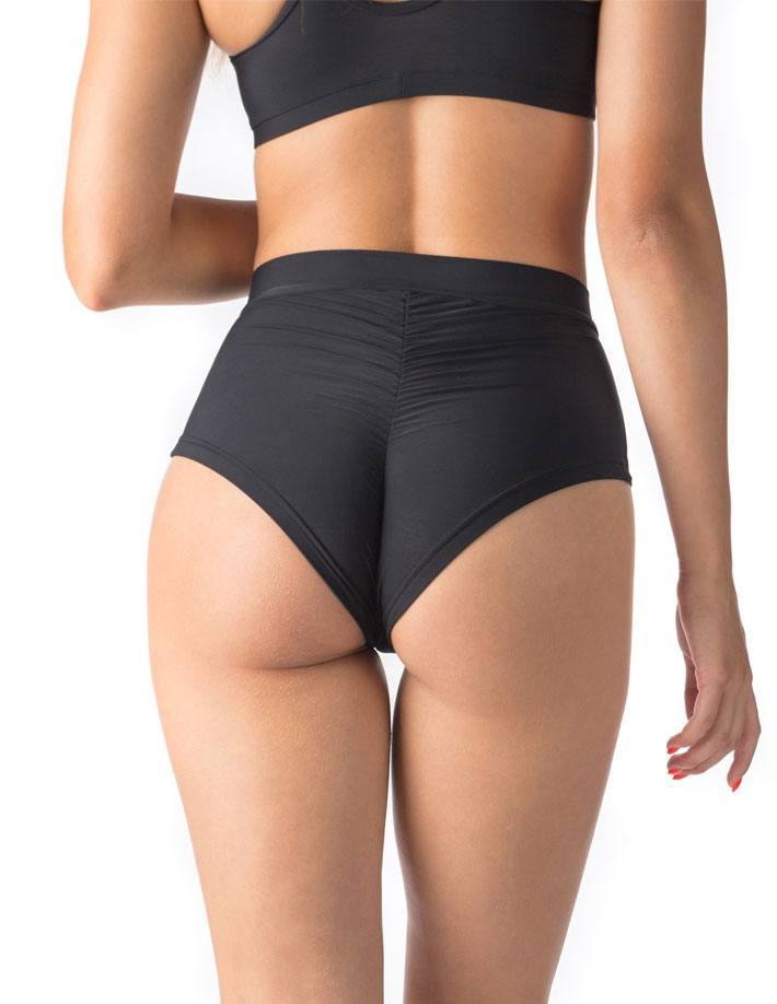 Scrunch bum pole shorts in black, high waist fit, designed for pole dancing and optimal movement.