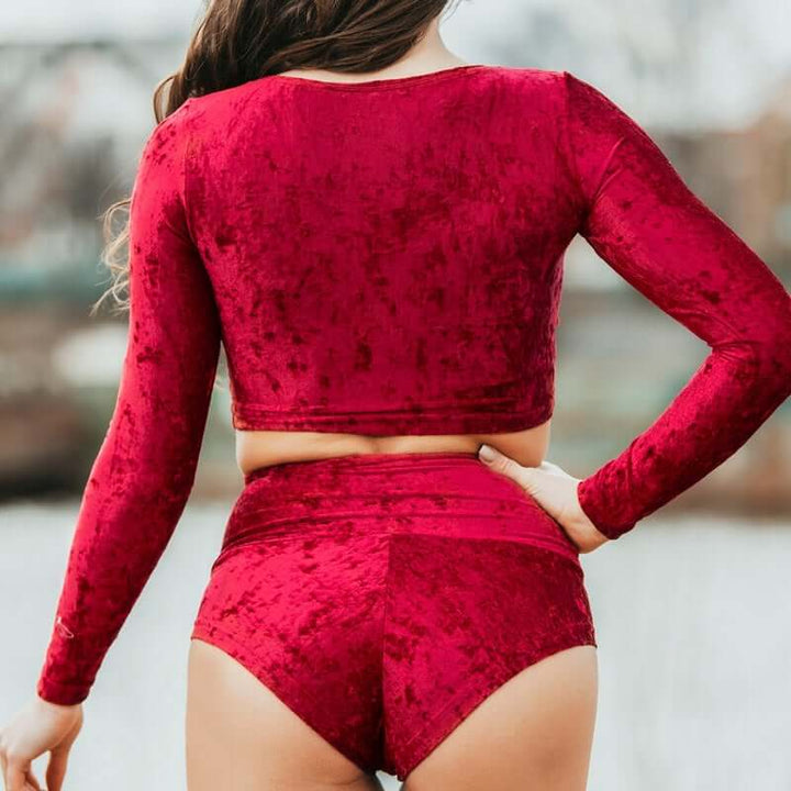 Velvet sports crop top | Crop Top | Color: red velvet | Gymnastics crop top | Long Sleeve | Dragonfly Clothing and Yoga Wear